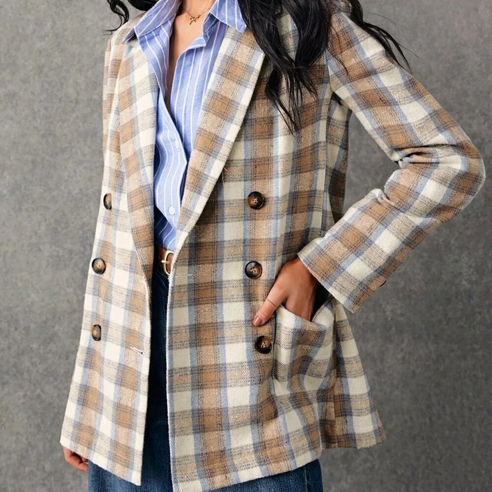 Multicolor Casual Women's Plaid Print Double-Breasted Long Sleeve Blazer Jacket
